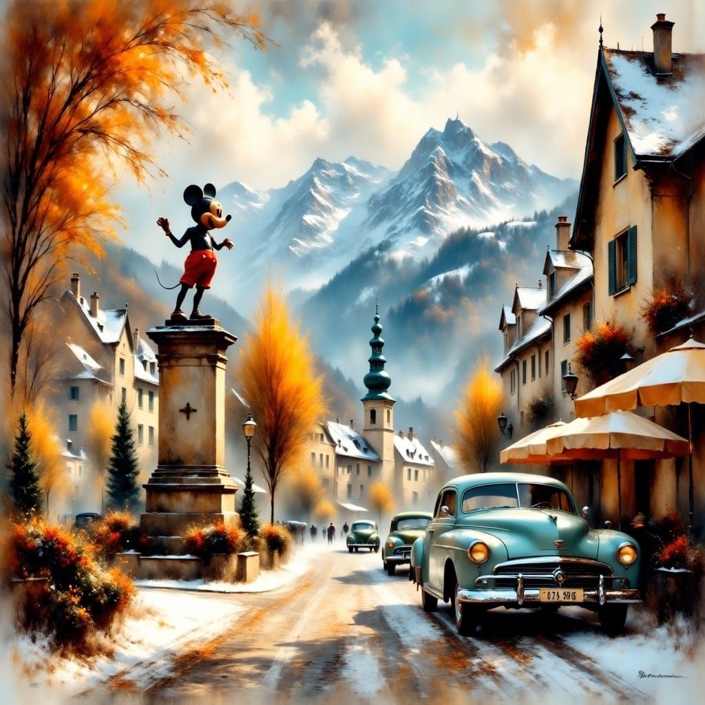 Ethereal Swiss Village in Golden Light with Mickey Mouse Sta...