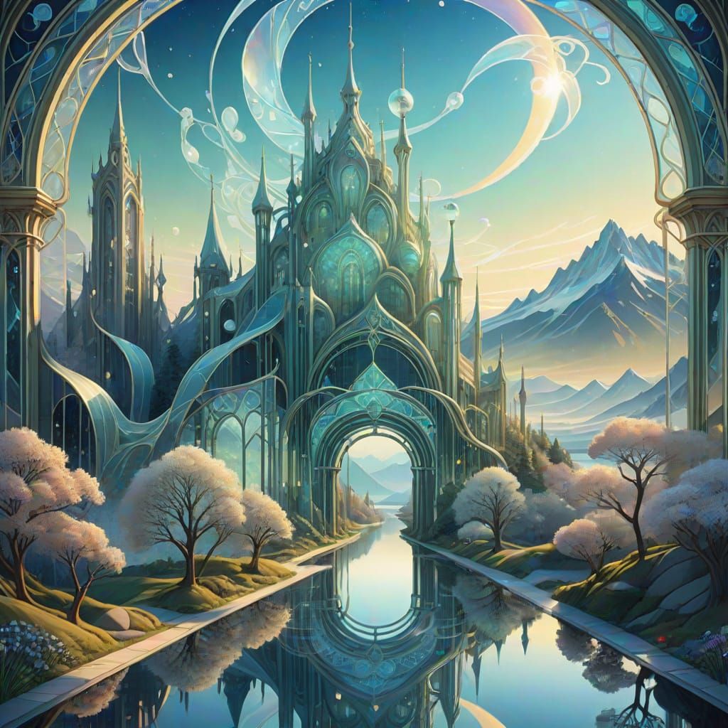 Transparent Cityscape With Crystal Structures