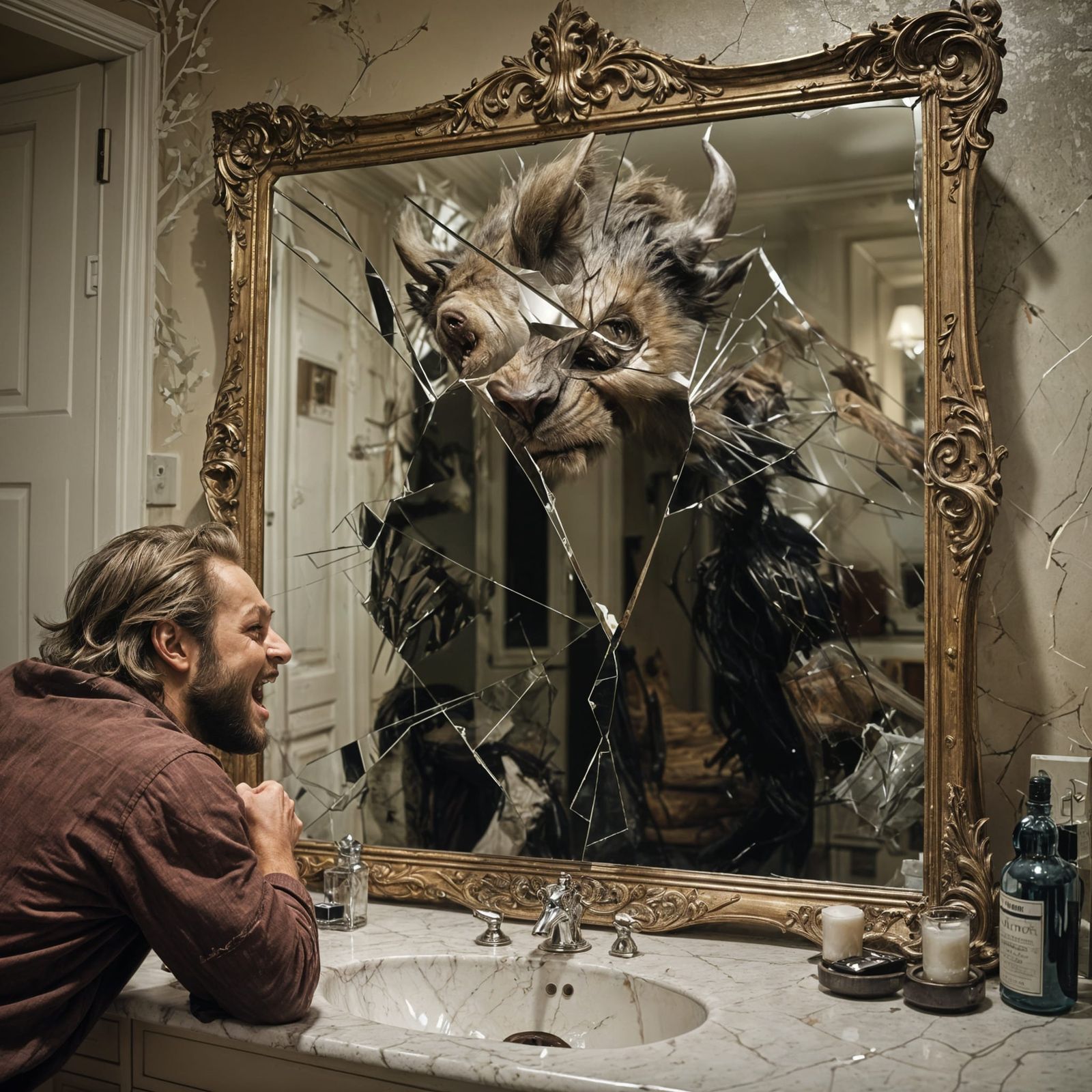 Cracked Mirror with Black Line Fractures