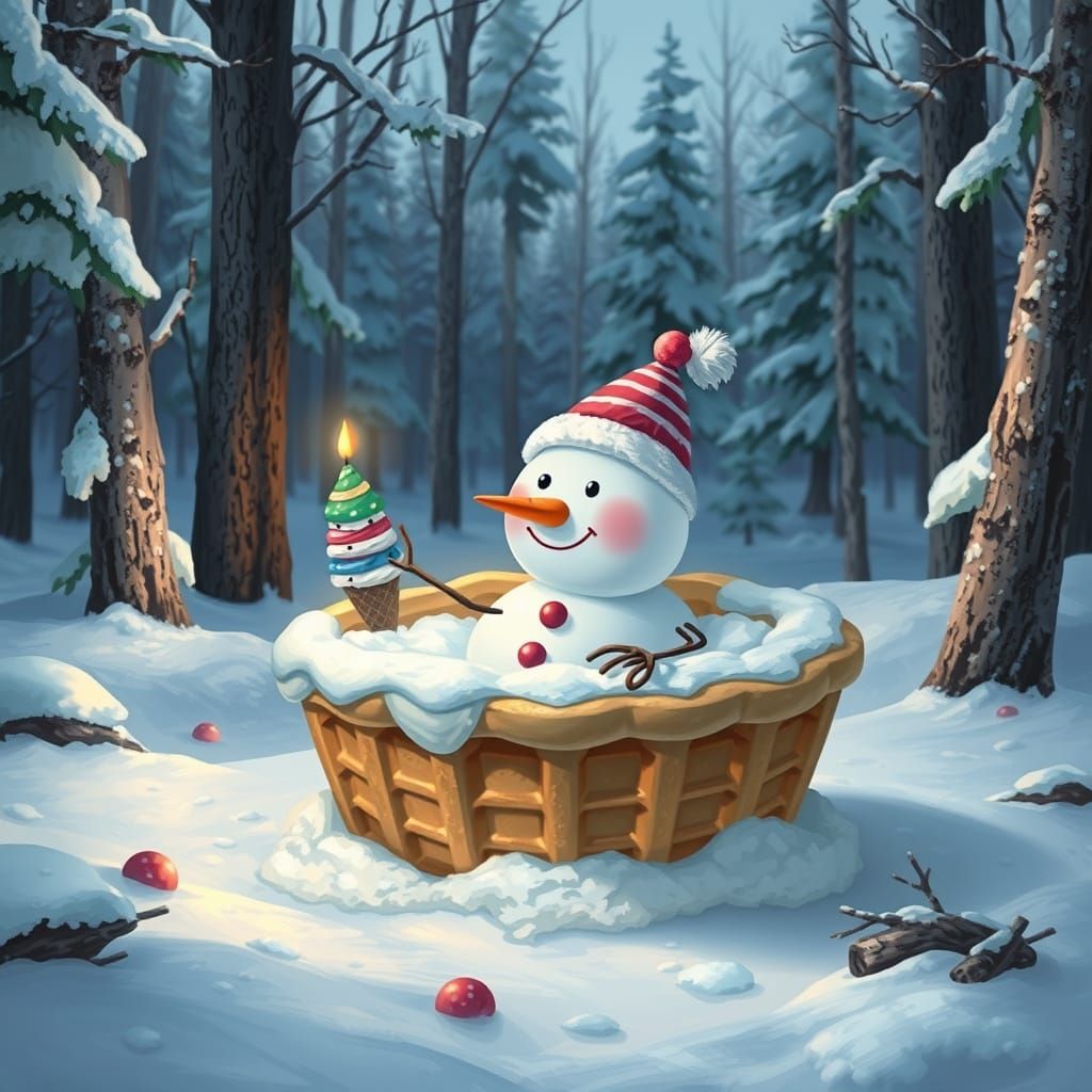 Snowman's Ice Cream Bath in Winter Forest