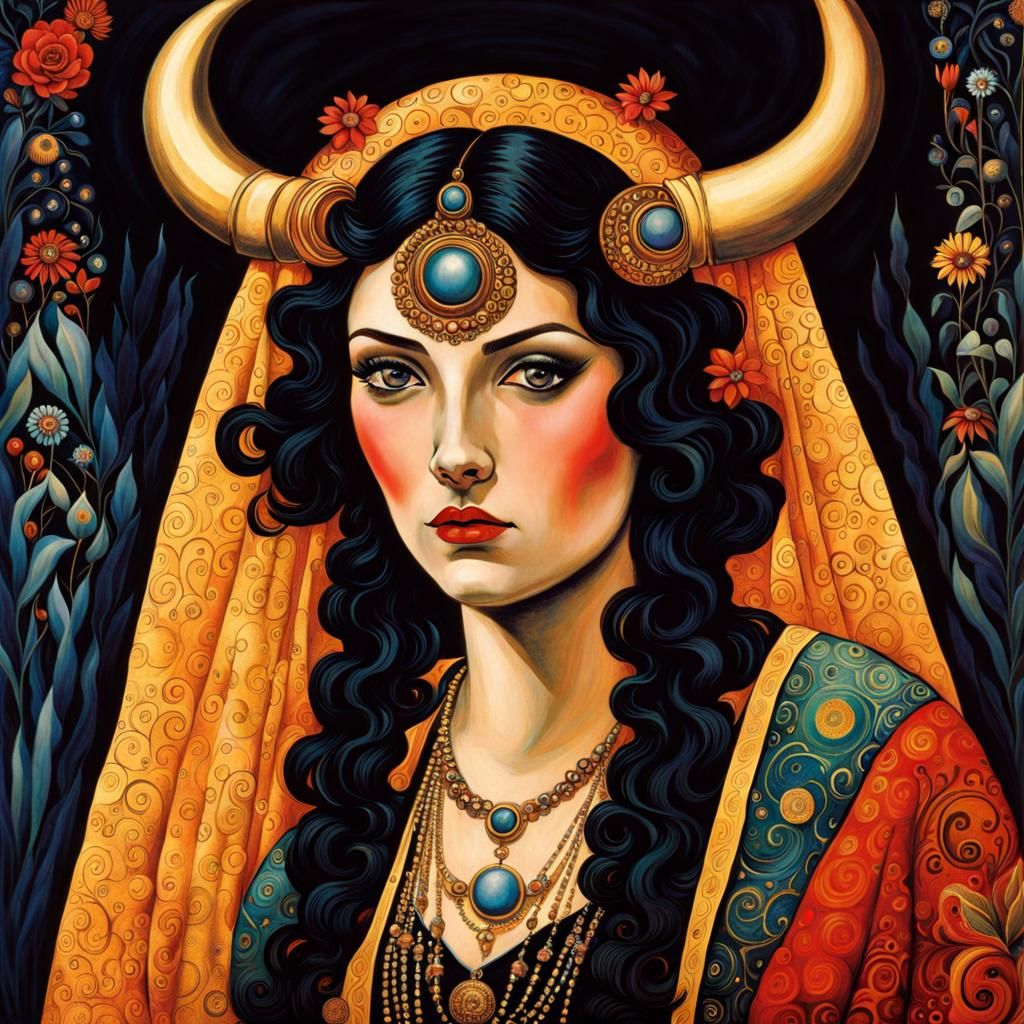 Taurus Goddess in Psychedelic Bohemian Cosmic Art