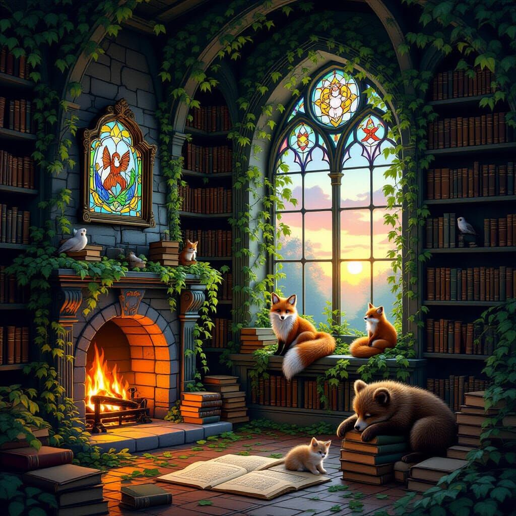 Enchanted Overgrown Library with Woodland Creatures