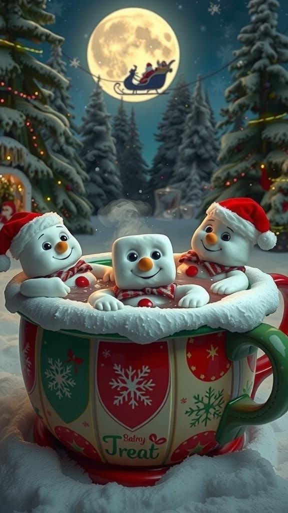 A high resolution, professional photo of realistic Stay-puft marshmallow men in christmas attire soaking in a large, chr...