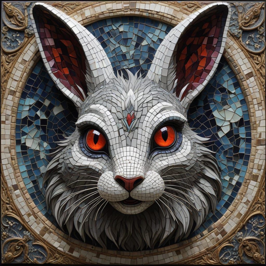 Whimsical Rabbit Monster Mosaic with Iridescent Glass and Ob...