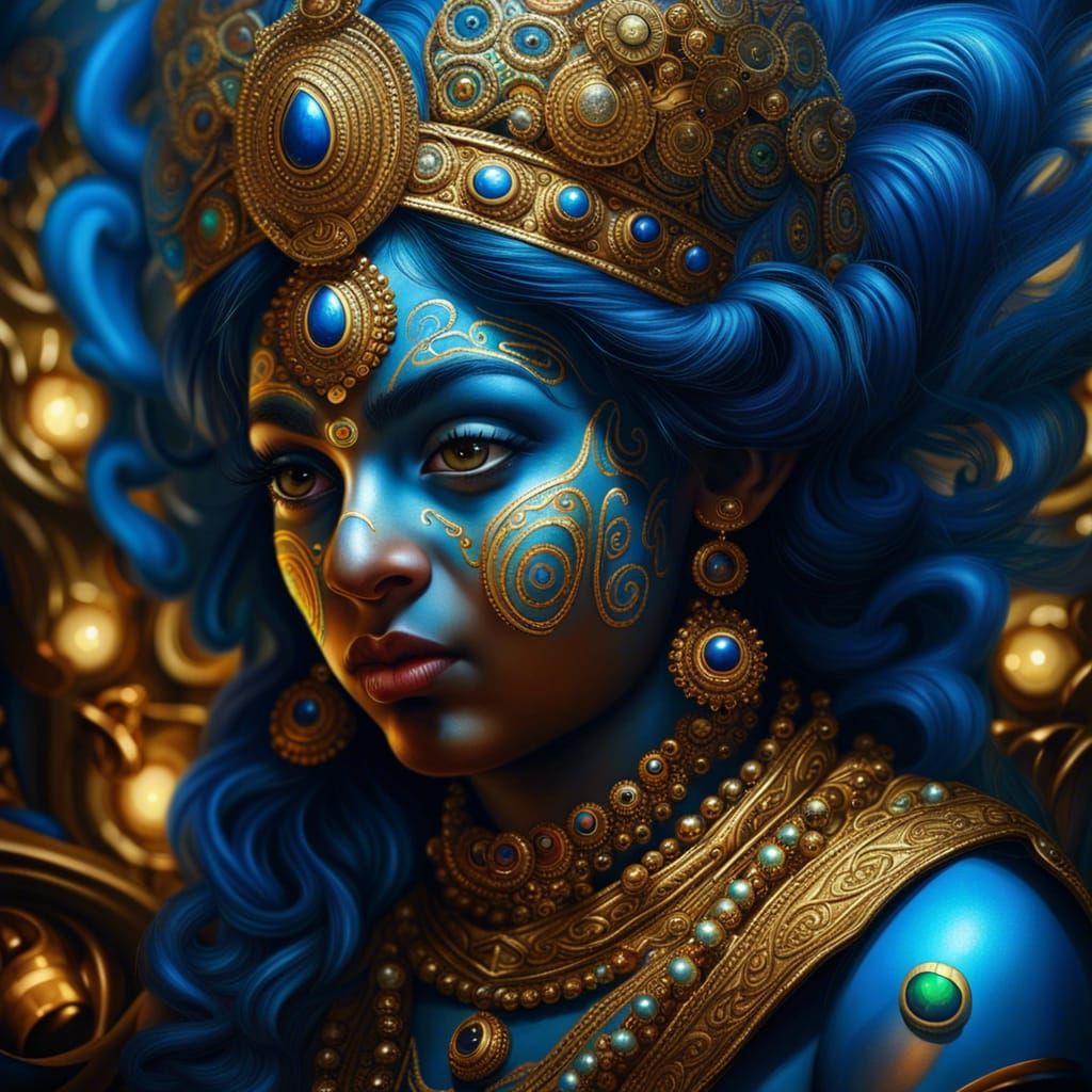 Golden Blue Krishna Portrait with Intricate Details