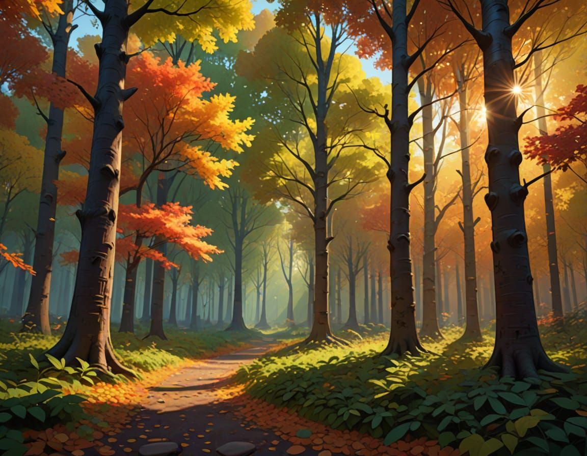 Vibrant Autumn Forest in Pixar Style Concept Art