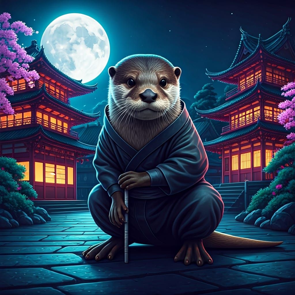 Ninja Otter Amidst Japanese Architecture with Neon