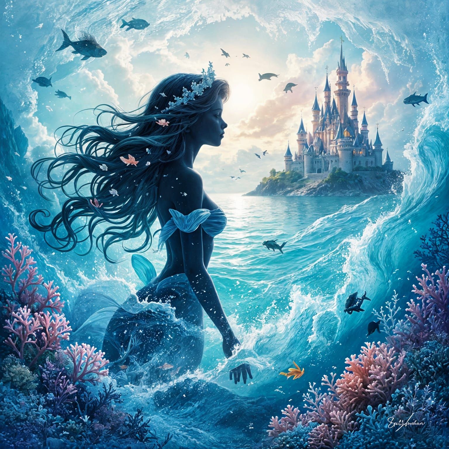 Little Mermaid Double Exposure Fairytale in Watercolor Style