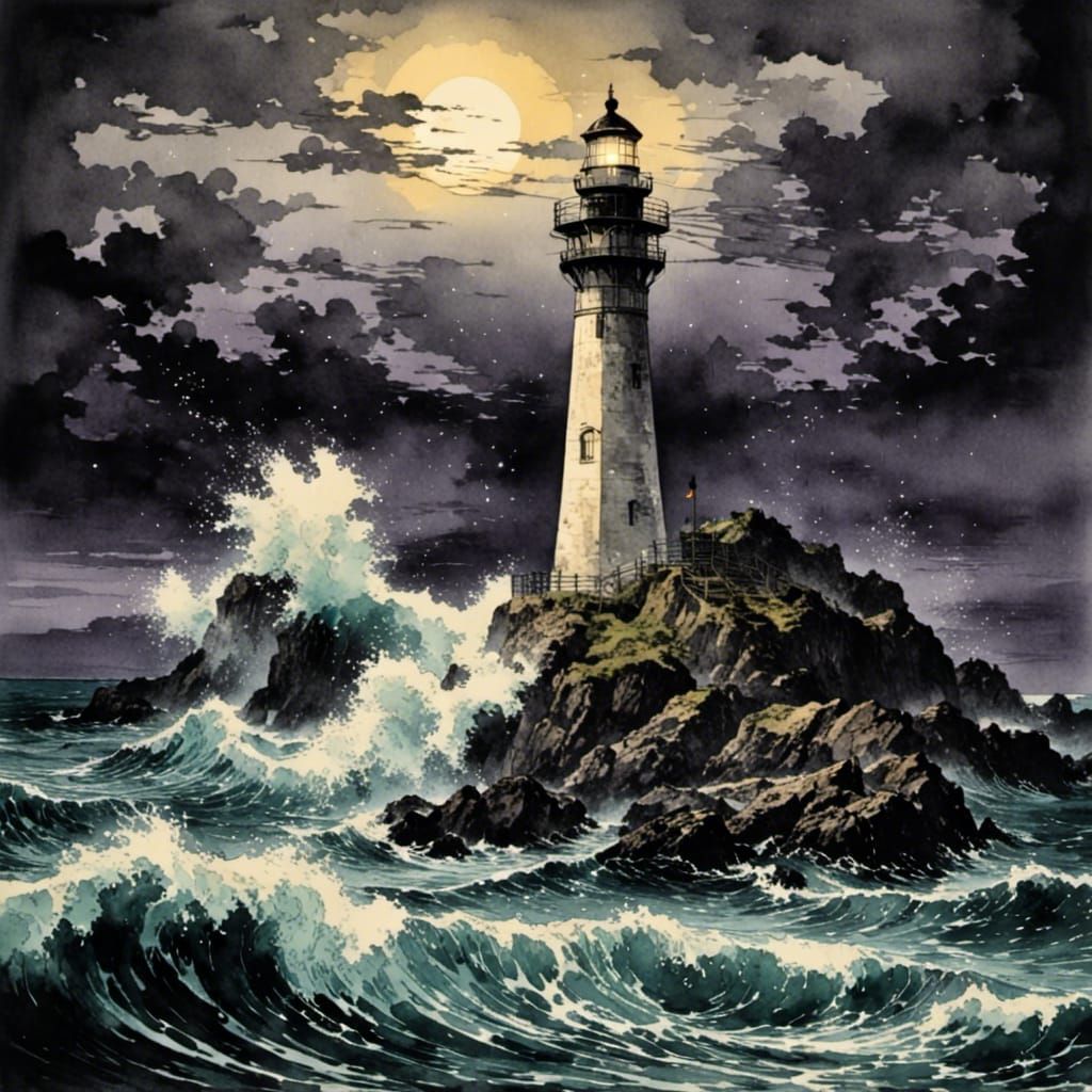 Lighthouse in Ukiyo-e Style