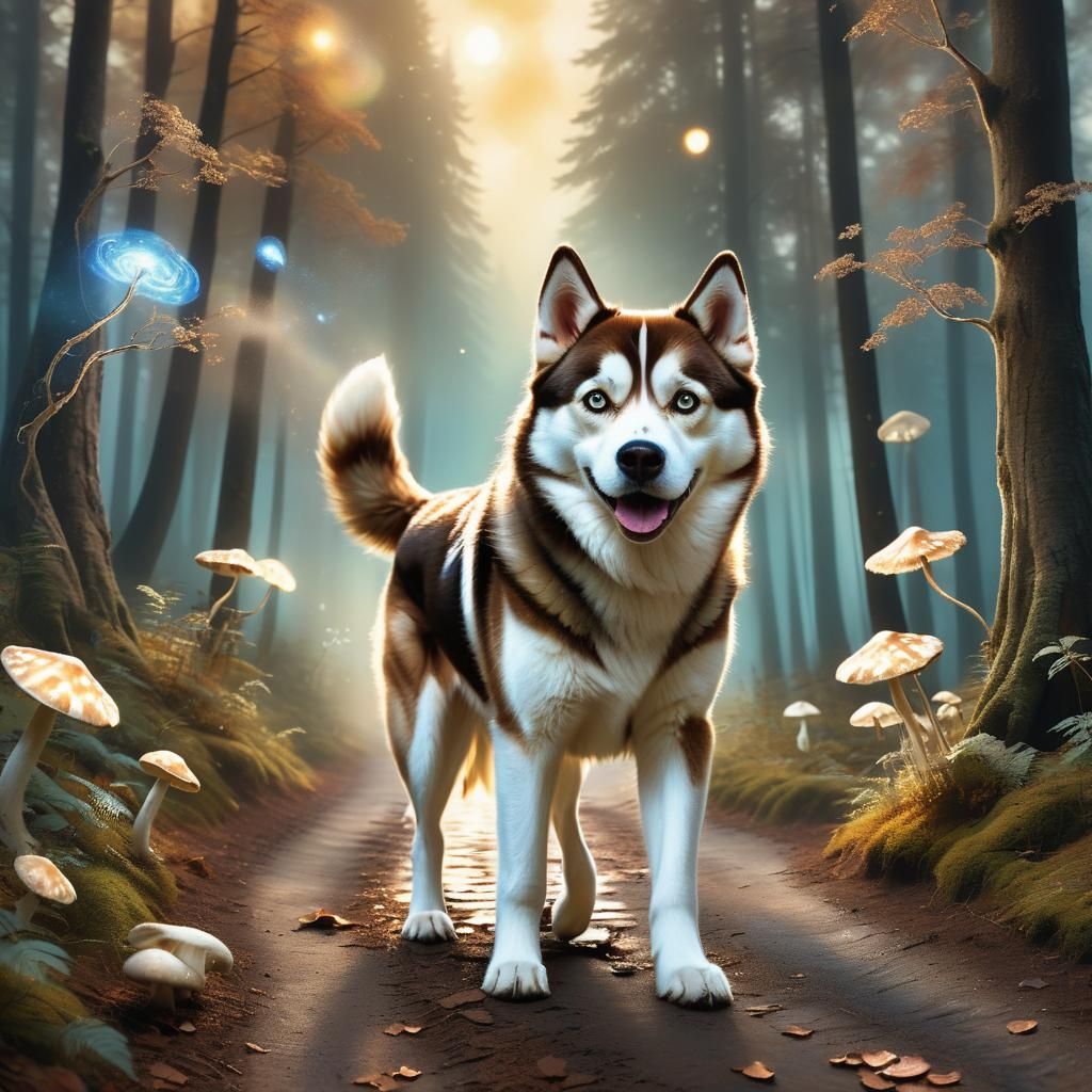 Husky in Whimsical Forest Landscape, Matte Painting