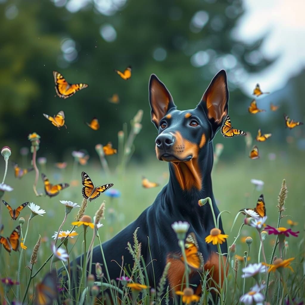 Vibrant Doberman in a Kaleidoscope of Butterflies in a Psych...