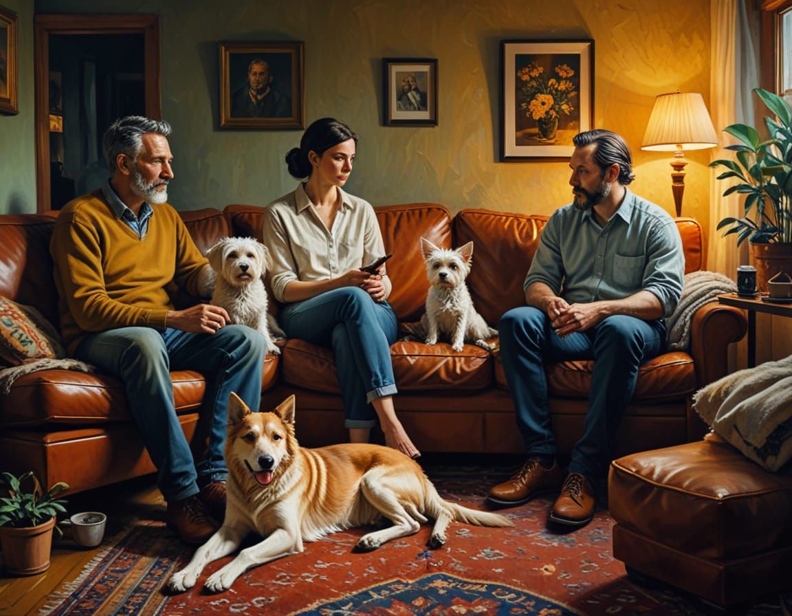 Cozy Family Scene in Vibrant Oil Painting