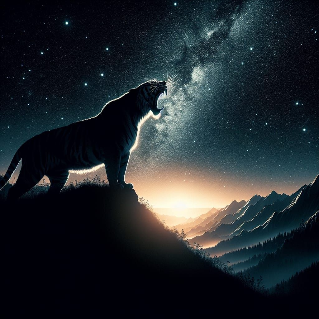 Roaring Tiger Silhouette Under Starry Sky