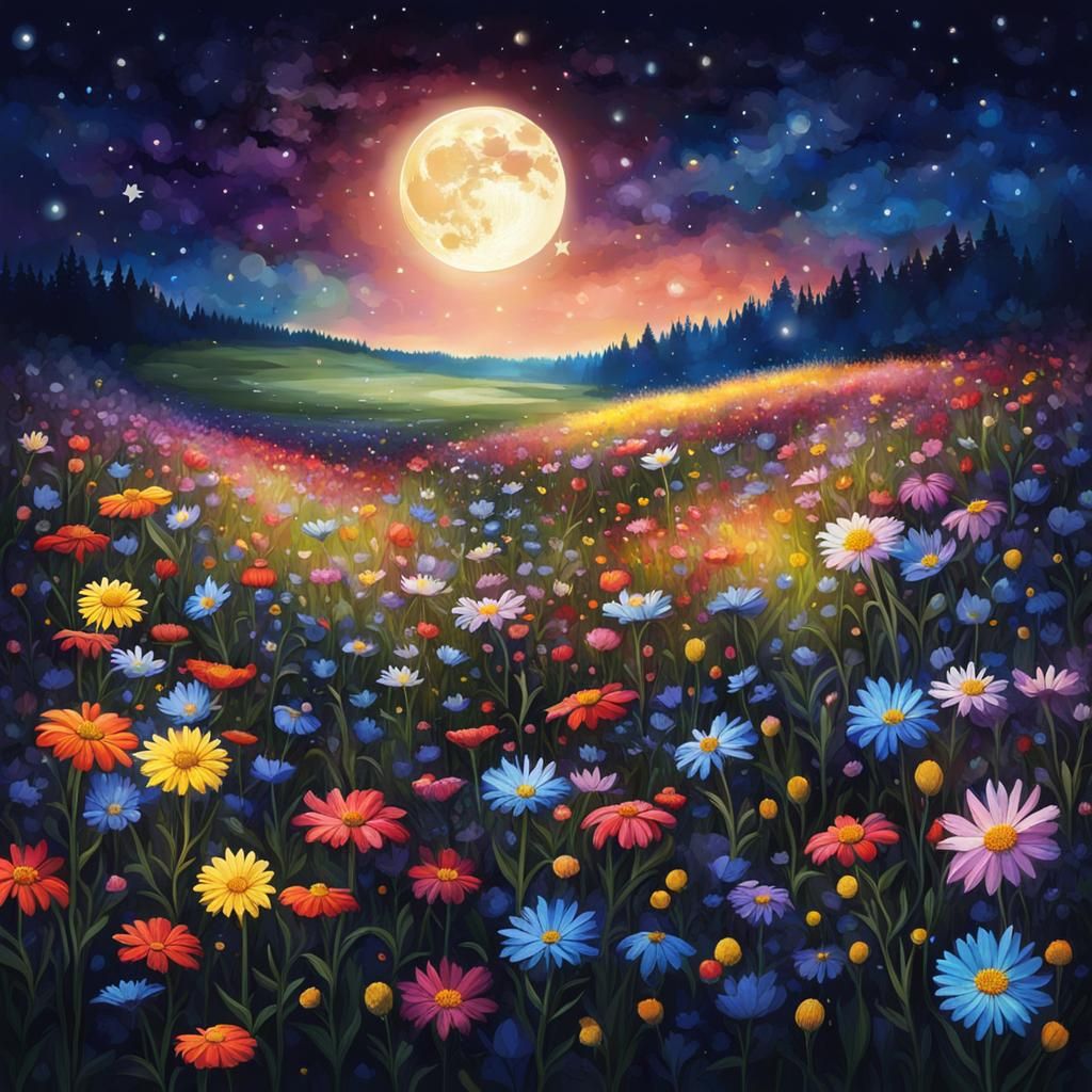 Moonlit Wildflower Field Radiates Magical Beauty