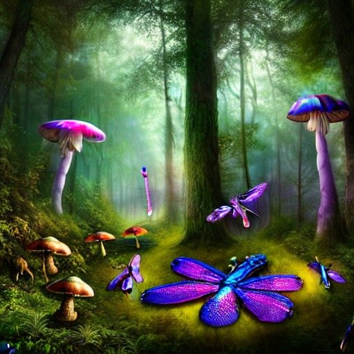 Unicorn and Dragonflies in Misty Forest, Detailed Matte Pain...