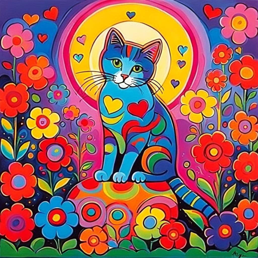 Psychedelic Pop Art Cat with Flowers