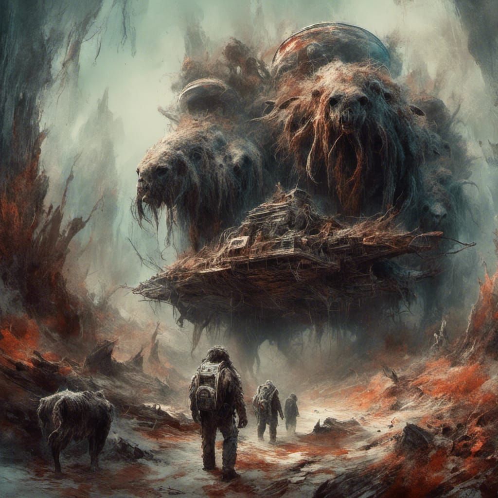 Macabre Buffalo Hybrids on Spaceship, Watercolor Painting