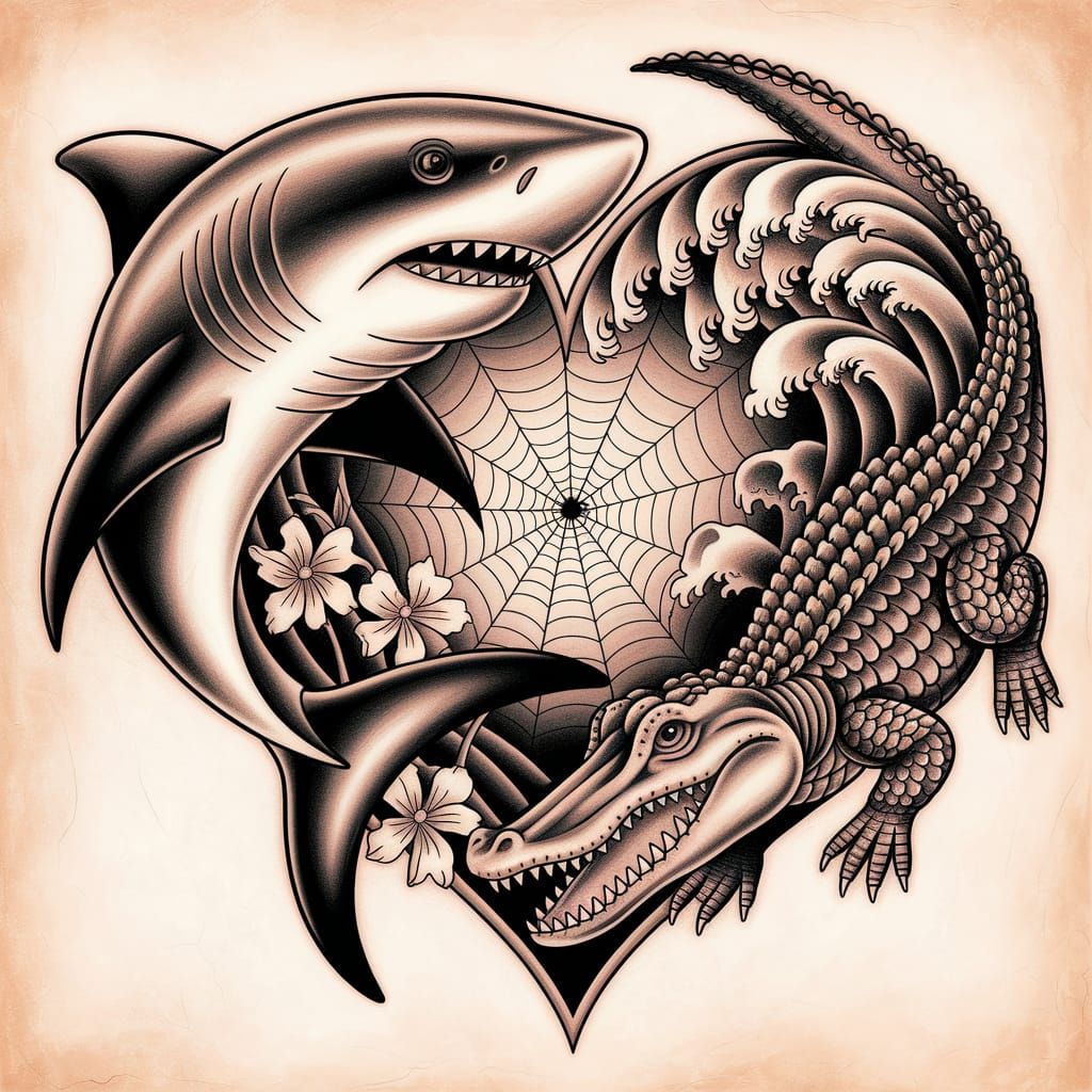 Shark and Alligator Tattoo Heart in Charcoal