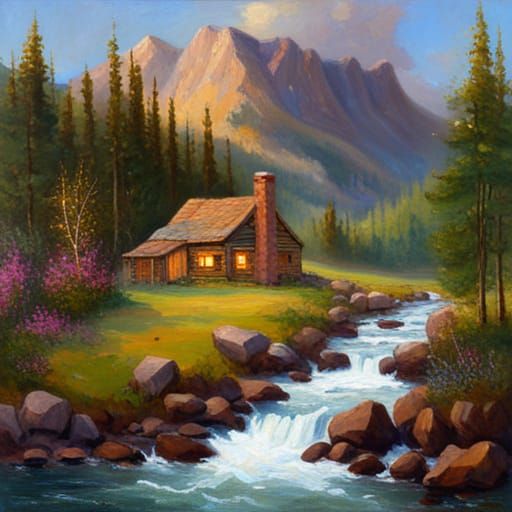 Mountain Cabin Oil Painting by James Gurney