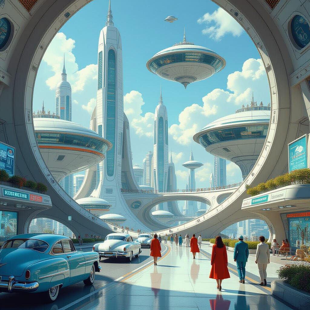 Futuristic Cityscape with Retro Vehicles in Pastel Colors