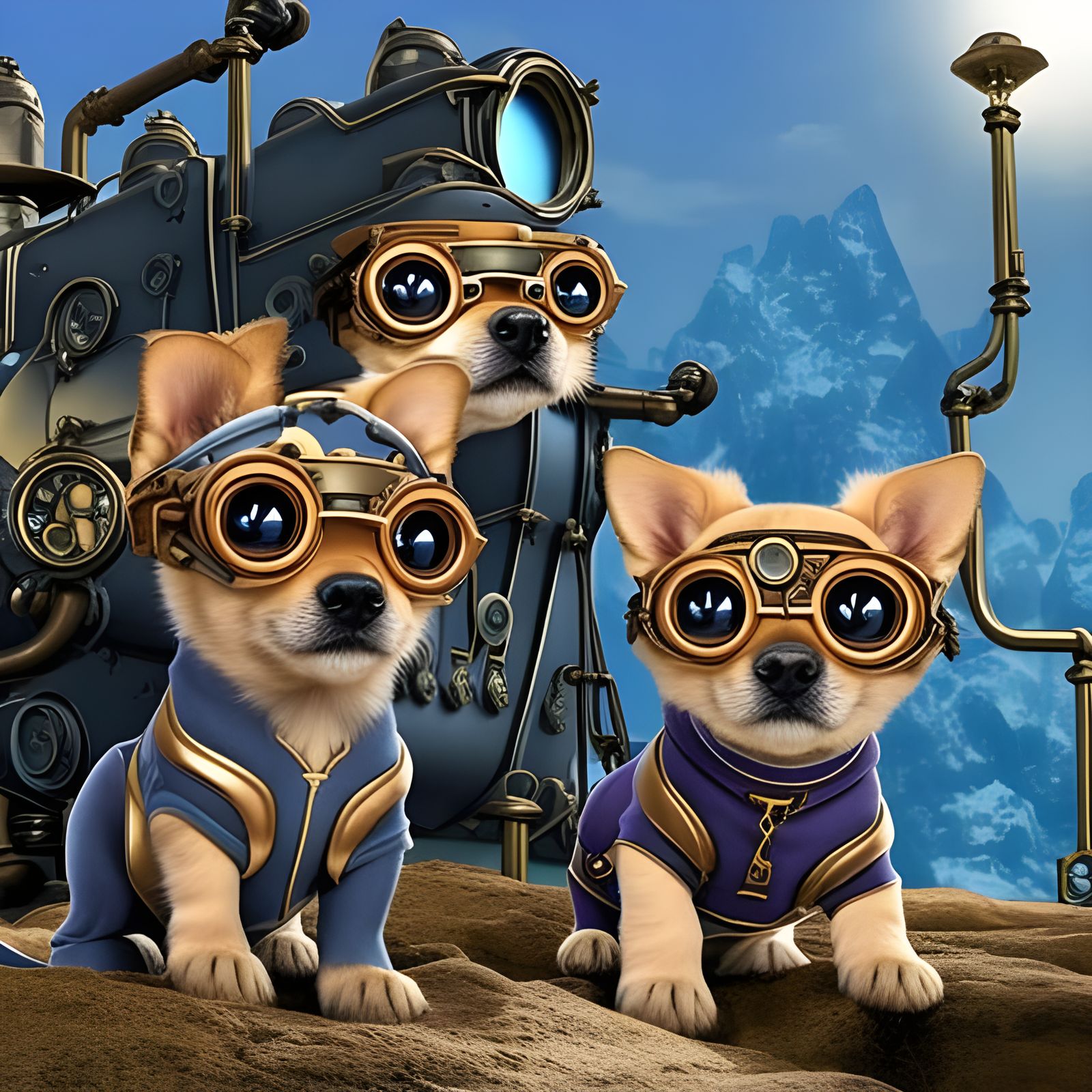 Cartoon Steampunk Puppies with Magical Eyes