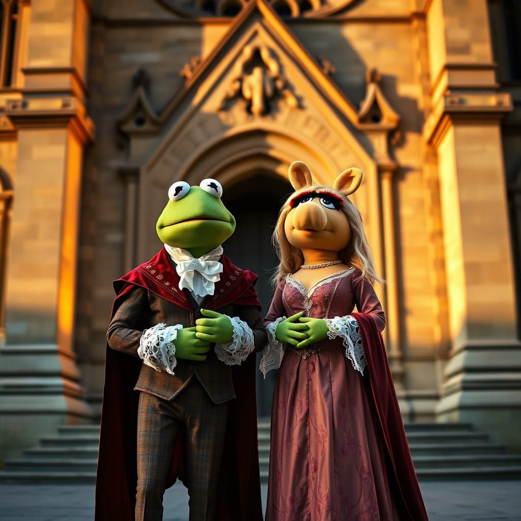 Kermit the frog and Miss Piggy dressed up as Romeo and Julie...