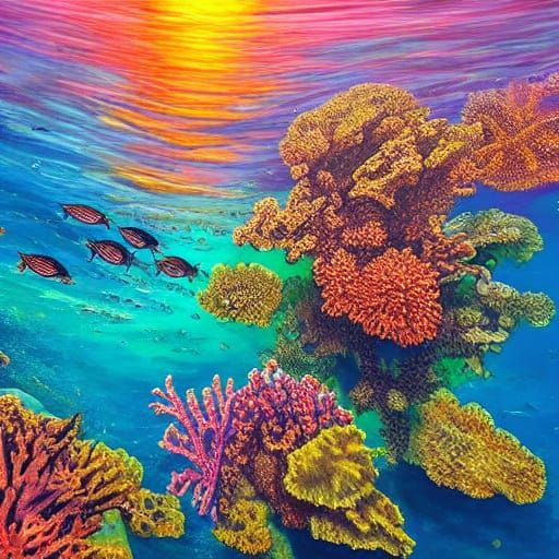 Vibrant Coral Reef at Sunset, Aerial Digital Painting