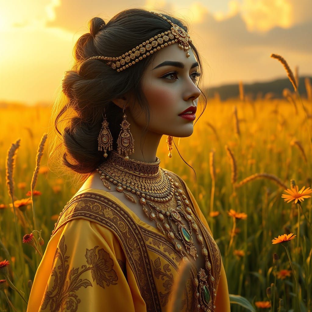 Golden Goddess in a Vibrant Meadow