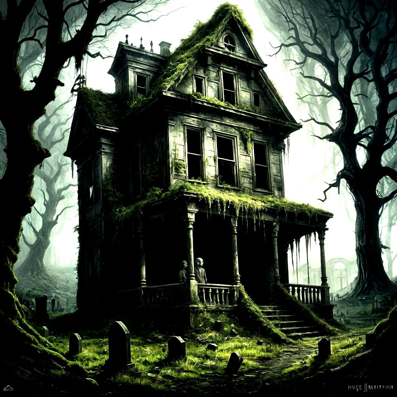Sinister Haunted House with Graveyard, Digital Art