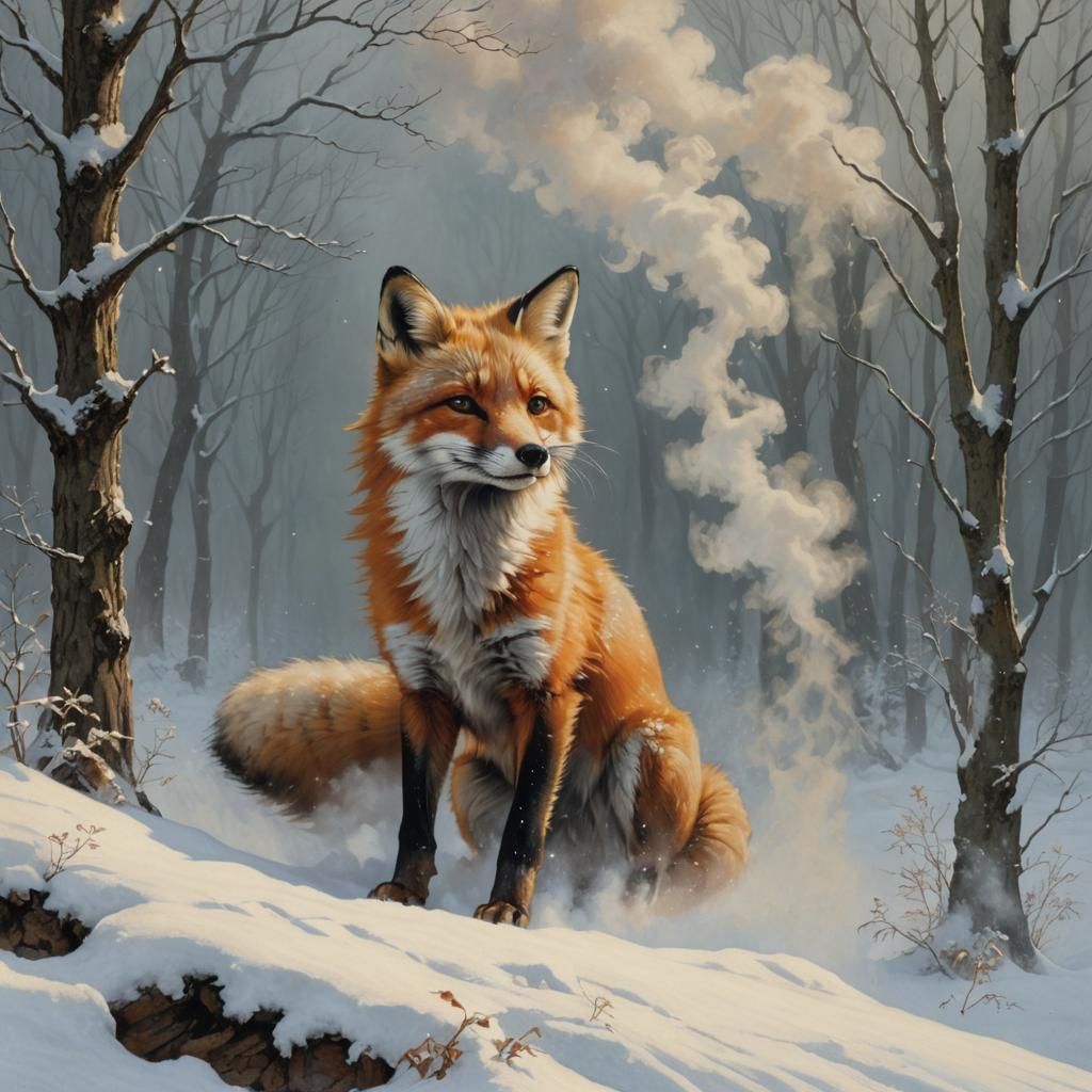 Fox in Snow, Illustrative Fantasy Art