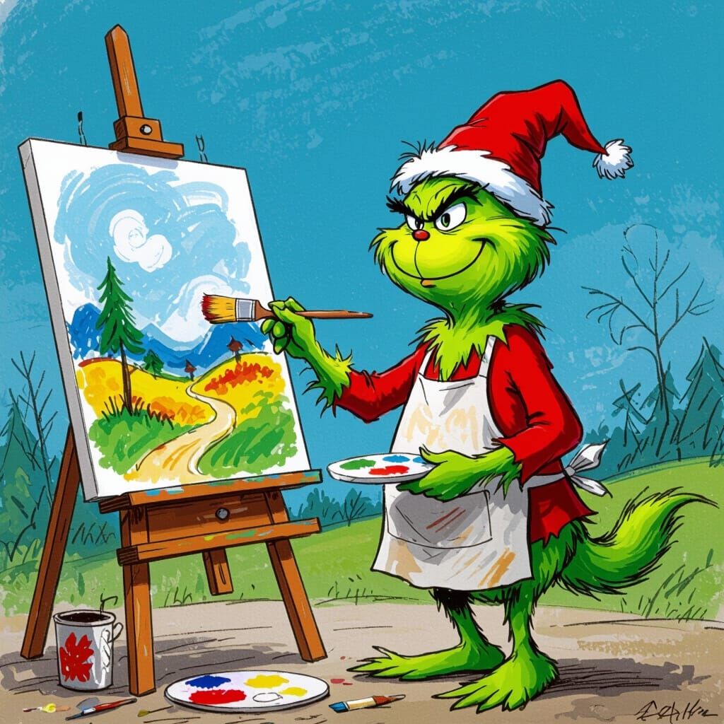 Grinch Painting a Landscape in Sendak Style