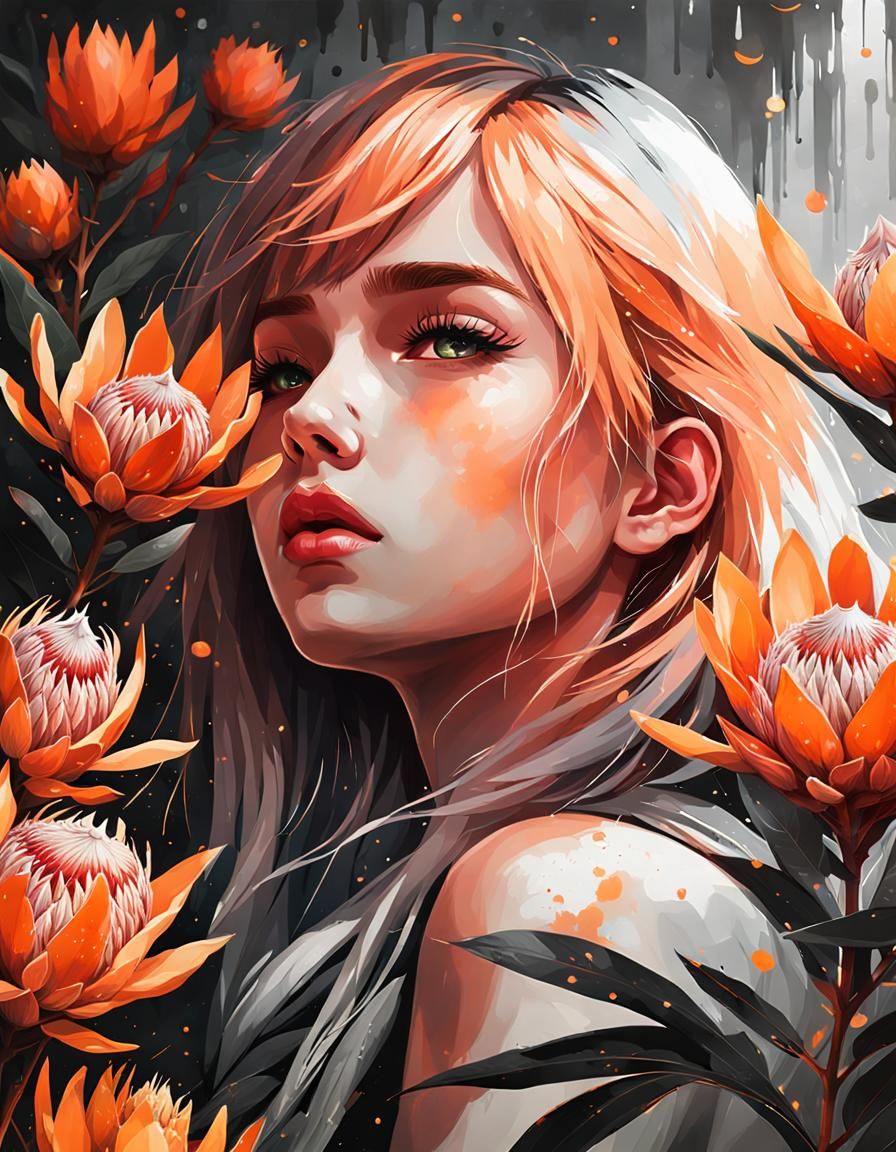Orange color splash, protea