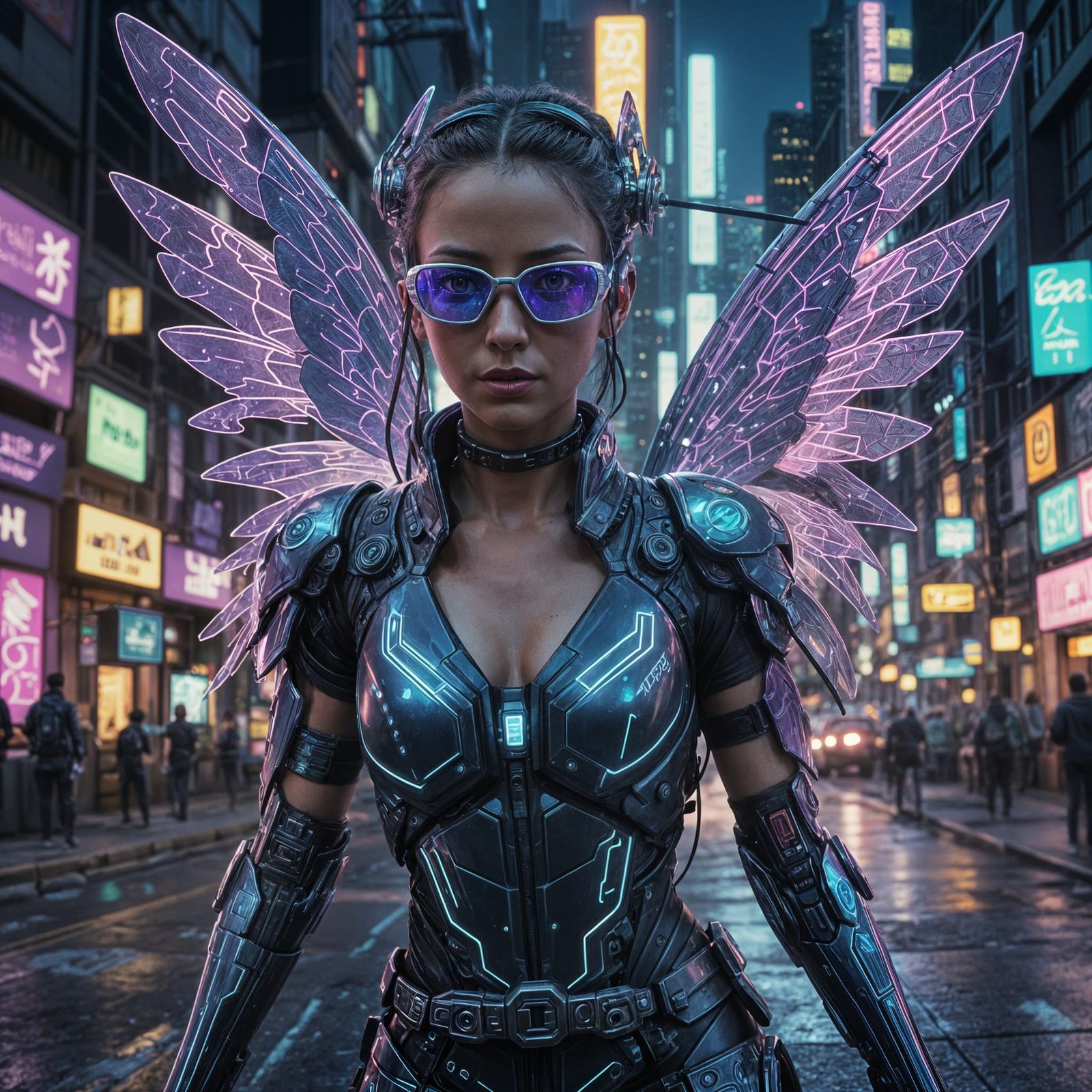 Cyberpunk Fairy with Glowing Wings in Dystopian City