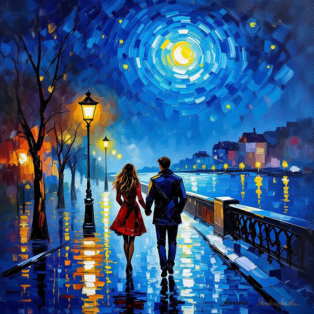Lovers Under Starlit Sky, Oil Painting with Textured Brushst...