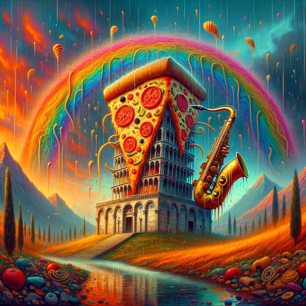 Pizza Saxophone Tower in Spaghetti Rain