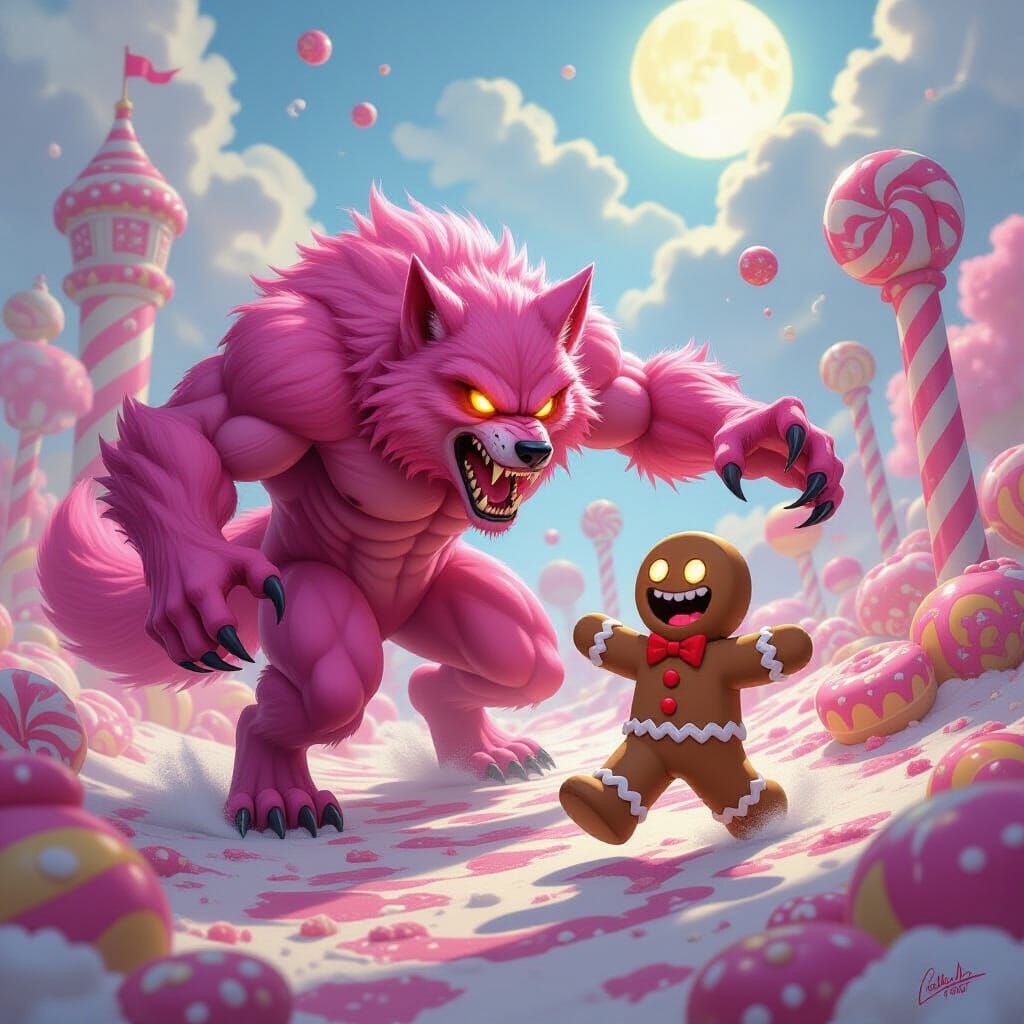 Ferocious Pink Werewolf Attacks Gingerbread Man in Candyland