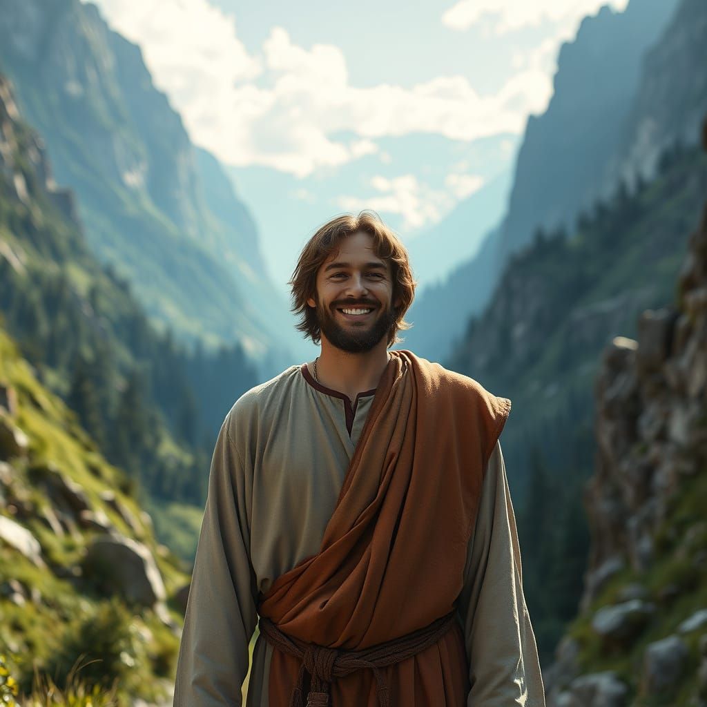 Hyperrealistic Jesus Portrait in Mountain Landscape