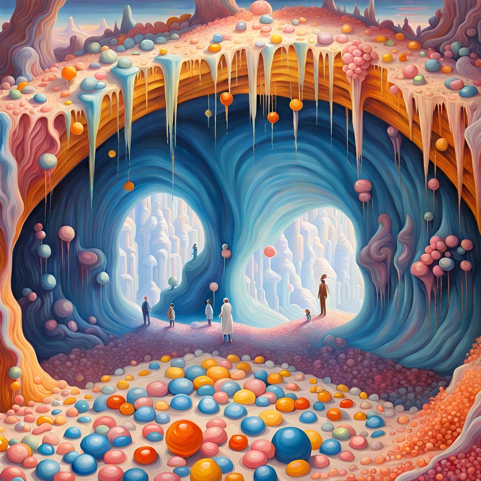 Candyland Cavern with Oompa Loompas, Surreal Oil Painting