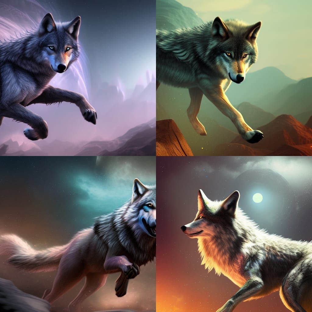Wolf Running in Space: Detailed Fantasy Art