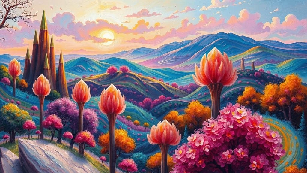 Fantastical Utopian Landscape as Impasto Acrylic-Oil Paintin...