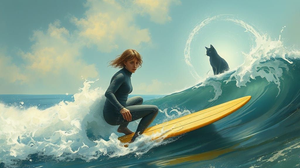 Serene Surfer Rides Digital Waves Amidst Whimsical Seaside S...