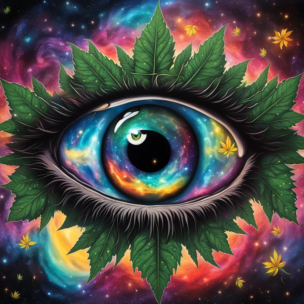 Eye with Marijuana Leaf Reflecting Galaxy
