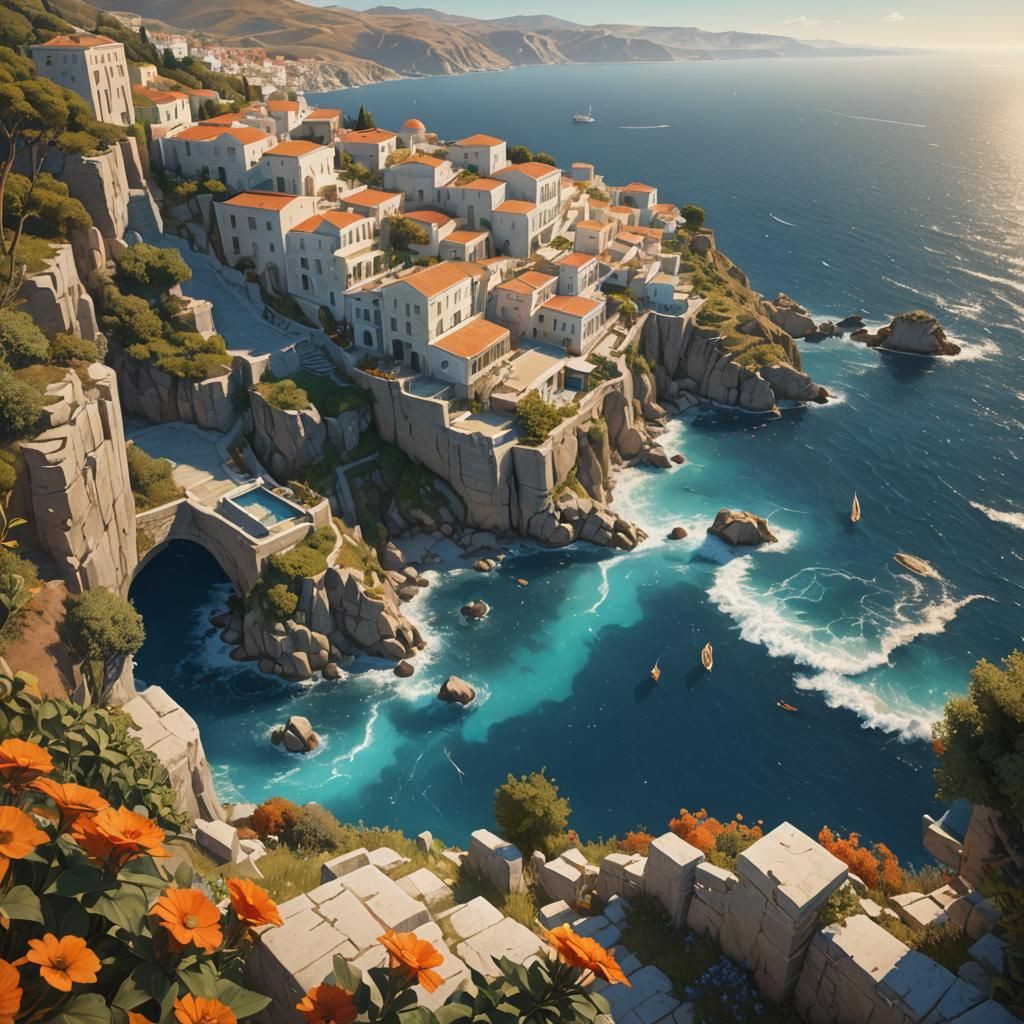 Greek Coastal Landscape in Digital Art Style