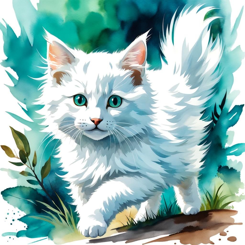 Fluffy Kitten Running in Forest, Watercolor Portrait