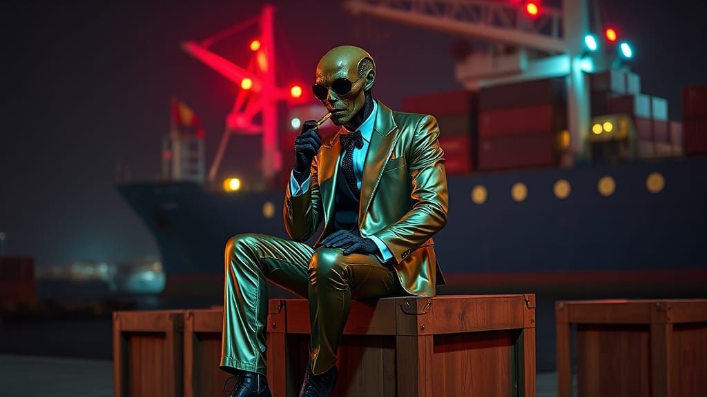 Alien Trafficker in Port of Naples: Cyberpunk Aesthetic