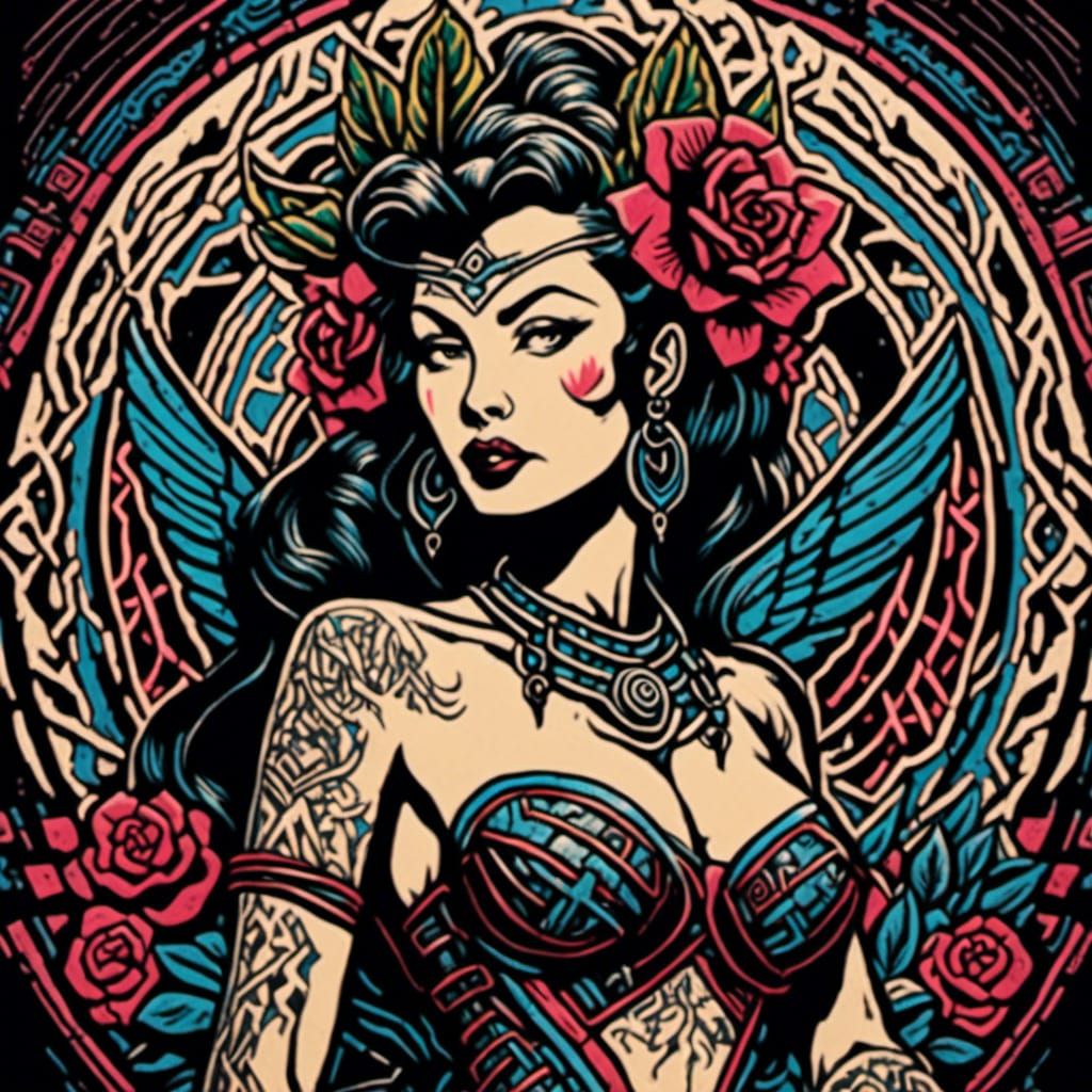 Vintage Pin-Up Tattooed Woman in Linocut Style