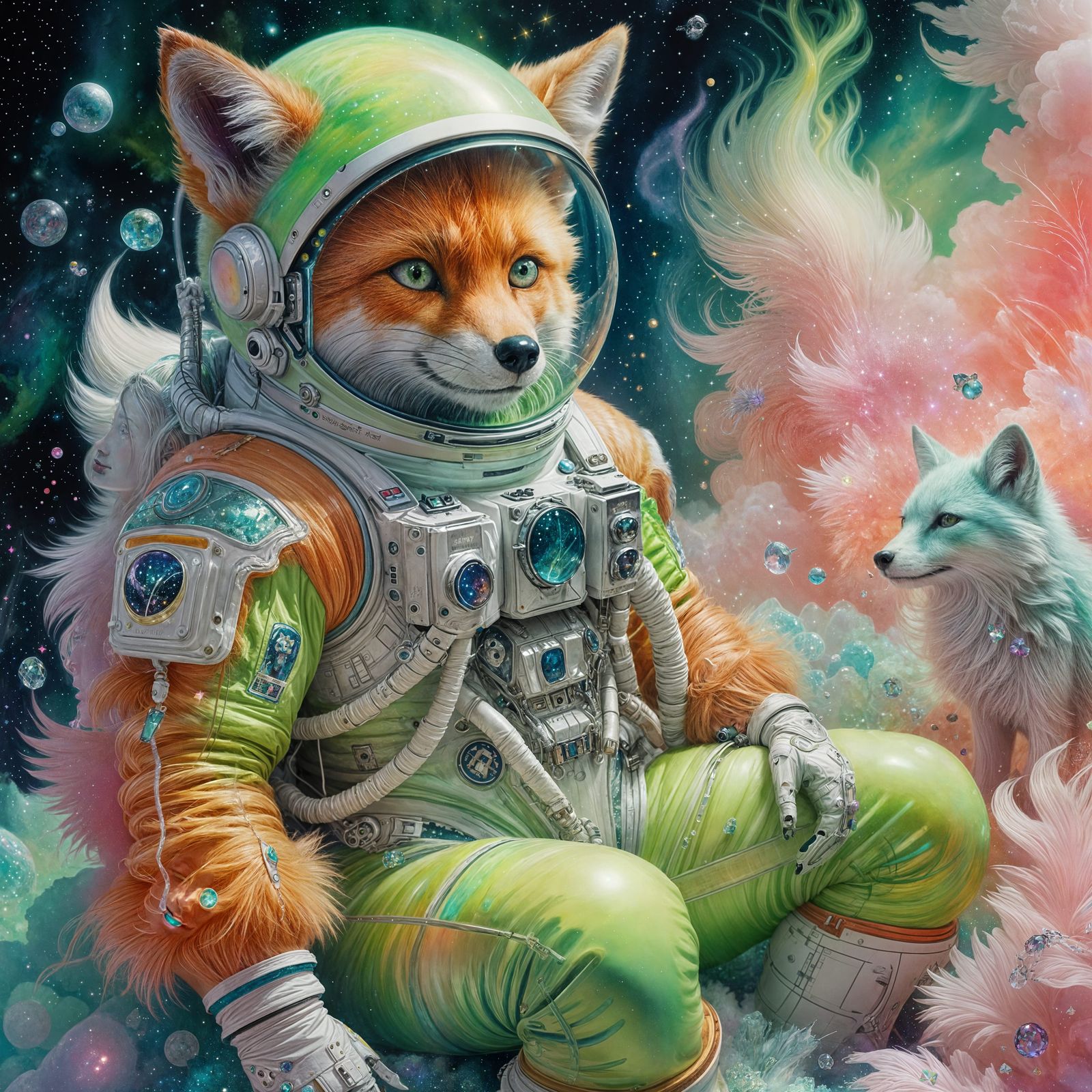 Astronaut Painting on Venus with Crystal Foxes