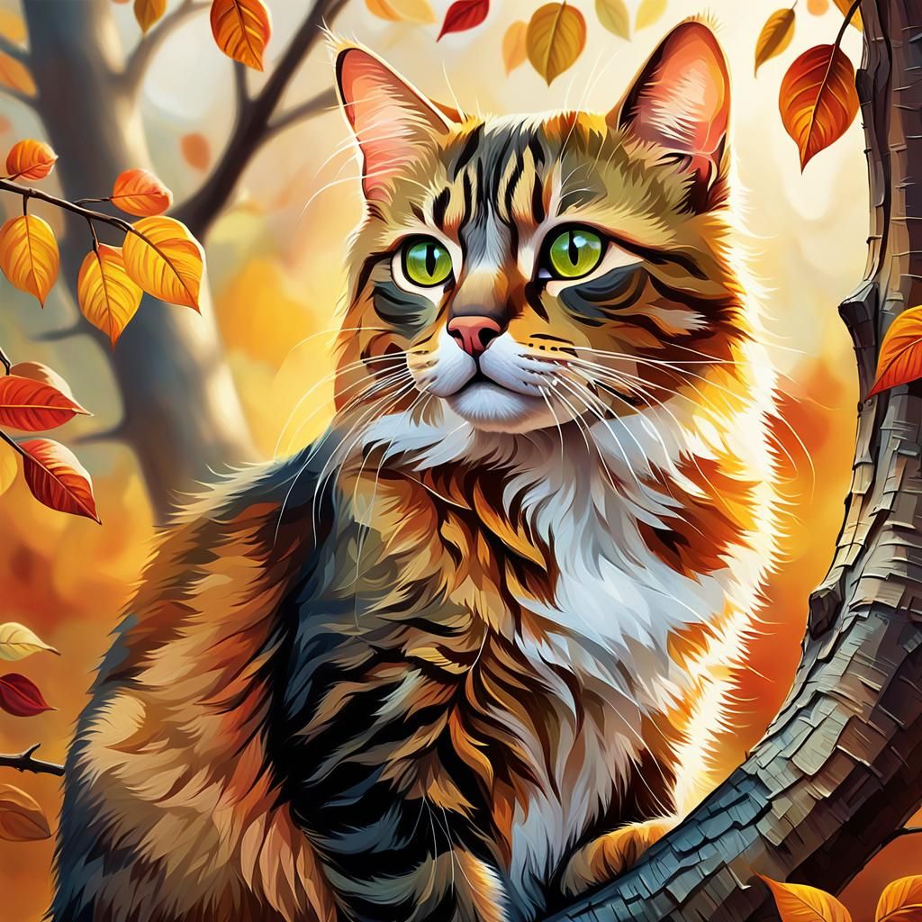 Hyper-Realistic Cat in Autumn Tree, Oil Painting