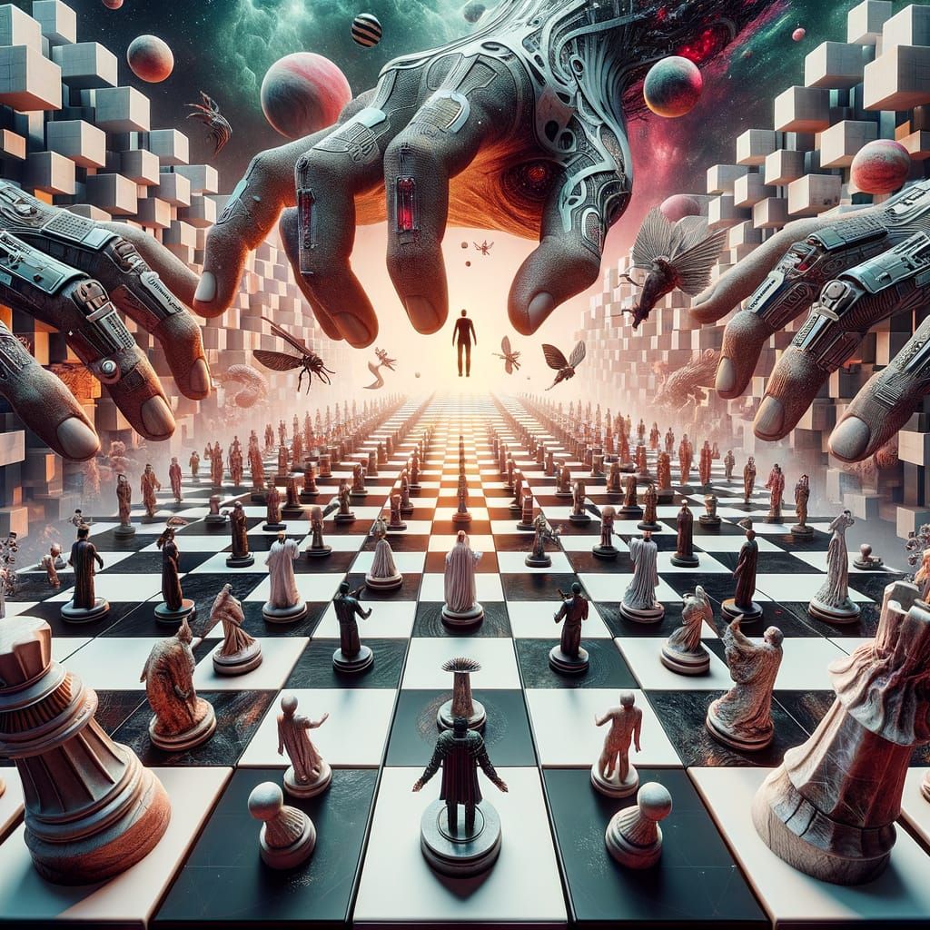 Dystopian Chessboard with Giant Bloody and Wrinkled Hands