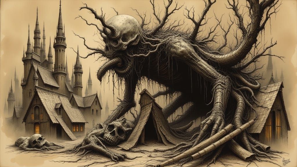 Abstract Horror Ink Figure in Thermal Sepia Tones